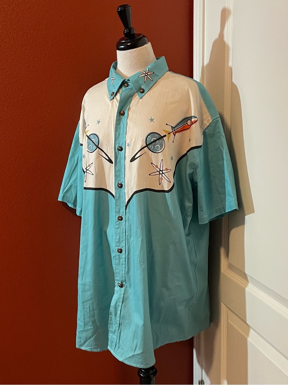 Boozelele Men’s Rocket Ship Retro Space Short Sleeve Button Down Western Shirt